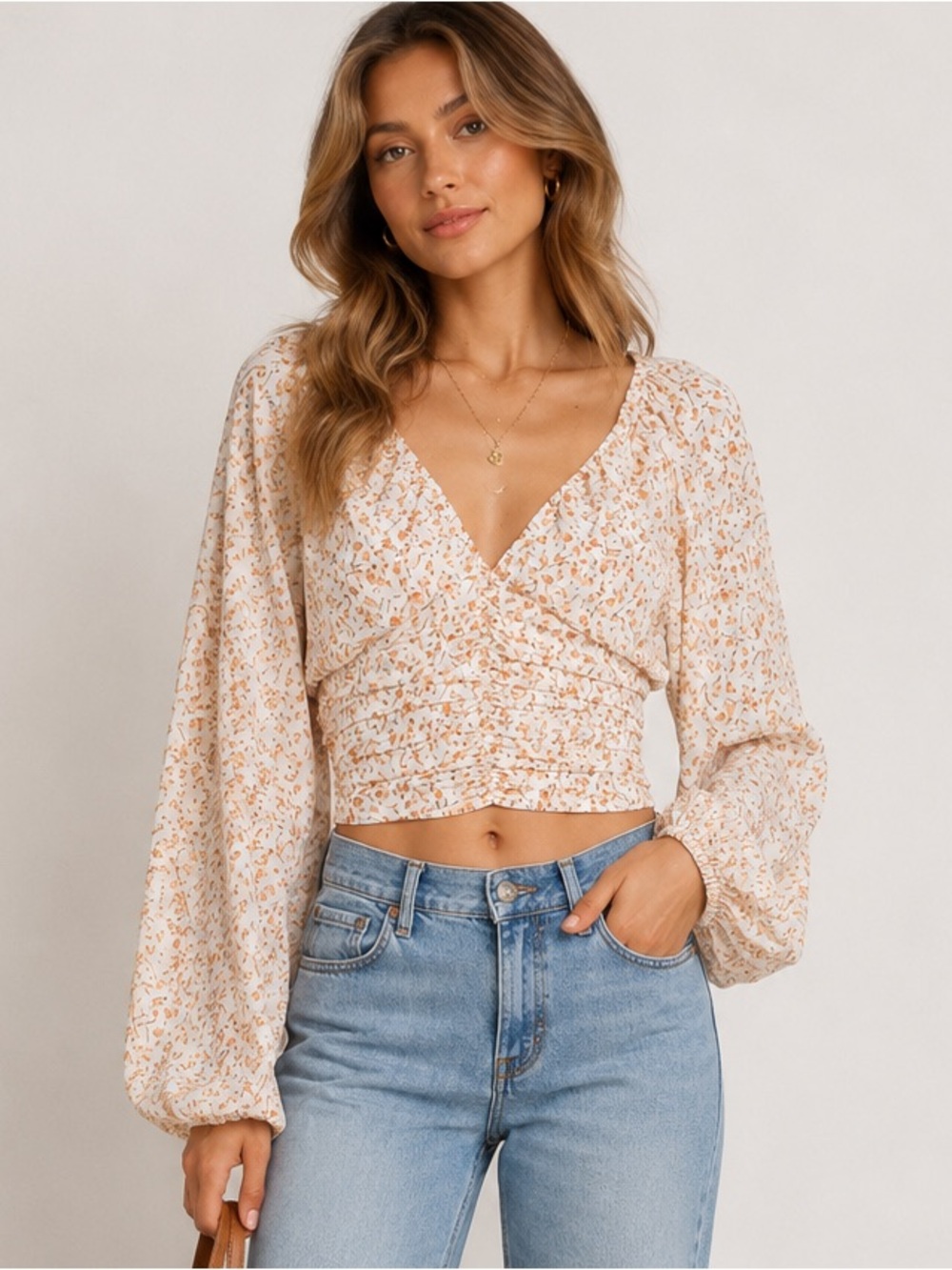 LUSH floral cream and orange ballon sleeve V neck top